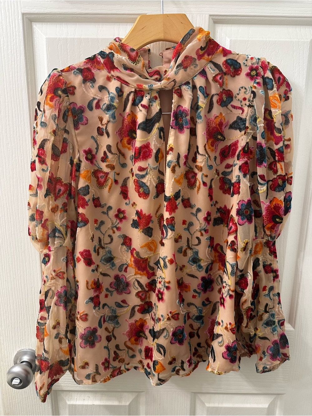 French Connection Floral Velvet Burnout High-Neck Blouse in Beige and Multicolor